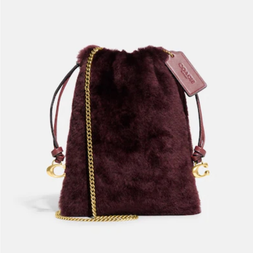 Coach Burgundy Faux Fur Drawstring Mini Bag with Gold Chain